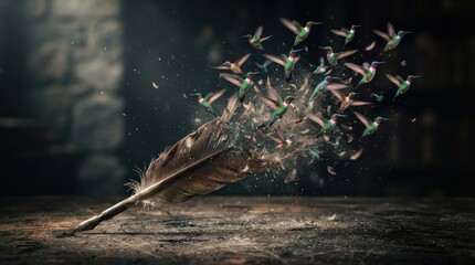 Fototapeta premium Hummingbirds emerging from a quill pen