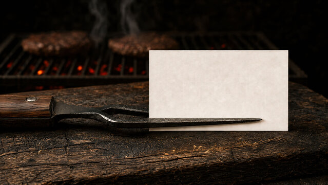 Blank business card mockup held by rustic barbecue fork on charred wood with blurred steaks, glowing embers and copy space for restaurant advertising