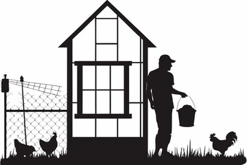 farmer silhouette with chicken coop bold black and white illustration agriculture farm chickens © Partha