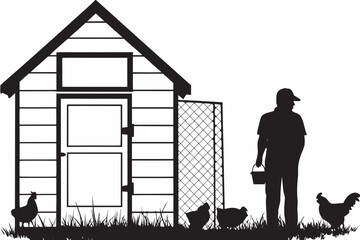 chicken coop silhouette illustration with farmer and hens animal farm agriculture rural black © Partha
