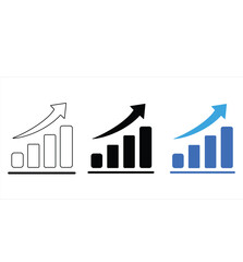 Fototapeta premium Set of three business bar graph icons with rising growth arrows showing success and financial profit in black line and blue styles