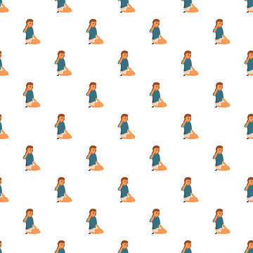 Young woman character sitting on knees with hand to head in a seamless pattern