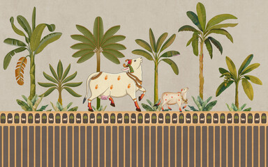 Traditional Pichwai Indian wall mural art illustration with sacred cows, banana groves, and temple border background © kalakarilife