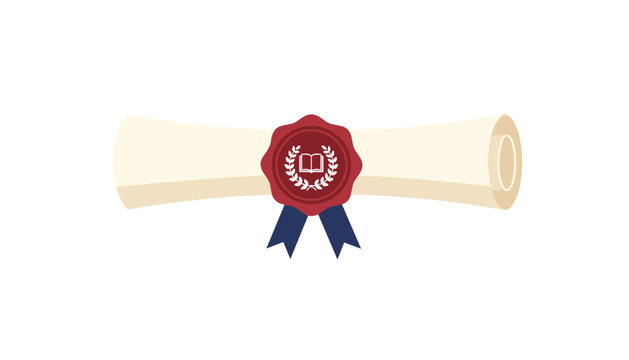 Traditional academic diploma or scroll illustration featuring a red wax seal and dark blue ribbons for graduation ceremony concepts.