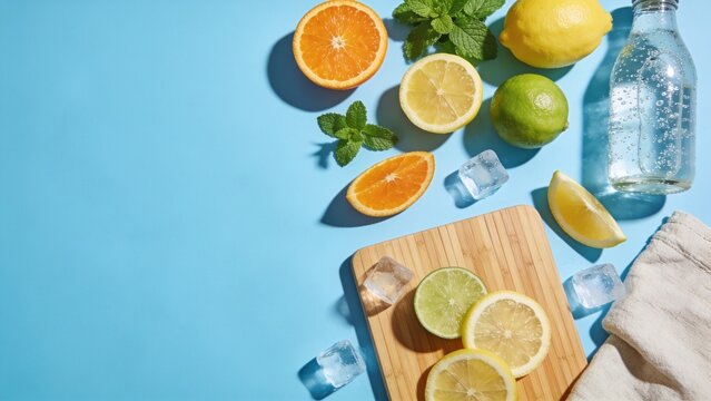 Fresh citrus fruits and sparkling water on wooden board with refreshing summer vibes