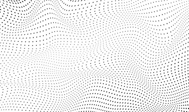 Optical spotted monochrome texture. Black white banner with wavy half tone effect. Abstract background with dots. Halftone dot pattern. Futuristic pop art print. Vector illustration.