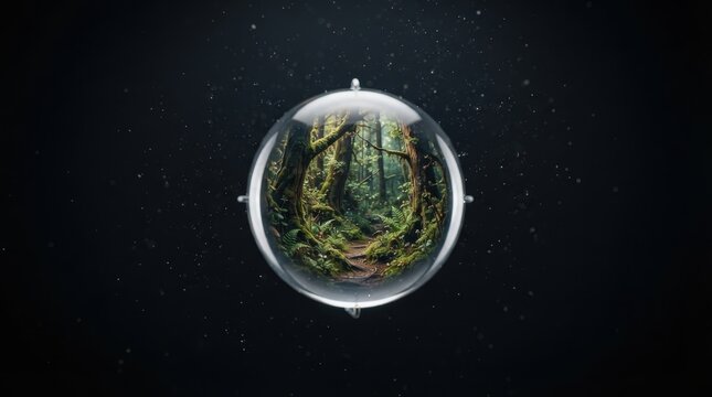 Lush forest ecosystem inside a glass sphere