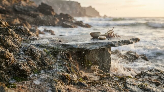Ceramic bowl on a flat rock by the sea
