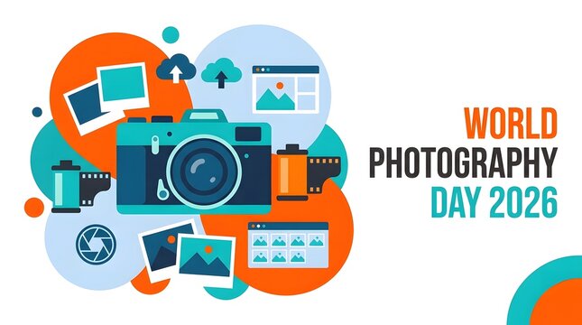 Modern flat vector illustration celebrating world photography day featuring colorful camera equipment icons and digital image processing graphic design elements art