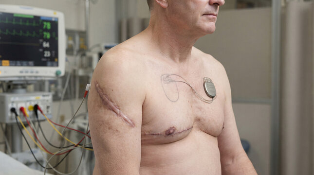 A male patient with a prominent hypertrophic scar on his right shoulder and a surgical incision on his chest alongside an implanted cardiac device Isolated on transparent background