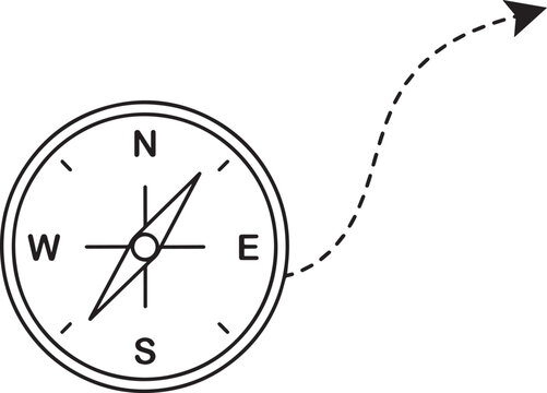Navigation compass instrument with a winding path arrow pointing towards a destination navigation direction orientation adventure wayfinding destination