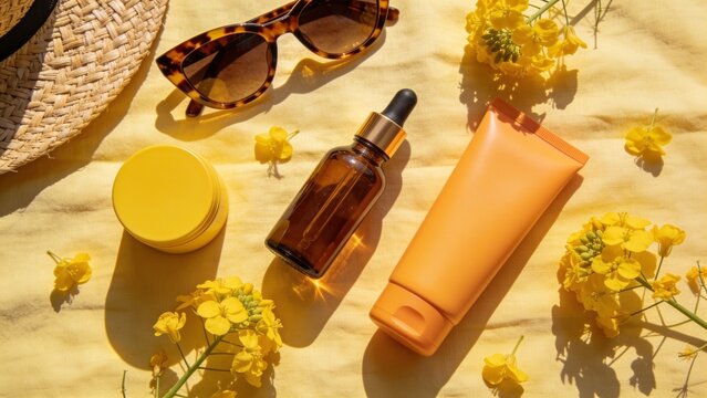 Minimalist skincare bottles with fresh flowers on natural linen surface under soft sunlight