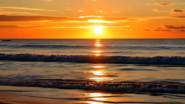 Golden sunset over the ocean beach with gentle waves washing ashore under a vibrant orange sky filled with warm sunlight and soft clouds