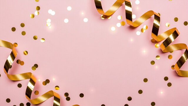 Golden confetti and party streamers creating festive celebration background with soft pink tone