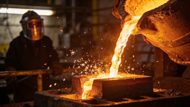 Industrial metal pouring worker in high-temperature foundry workshop