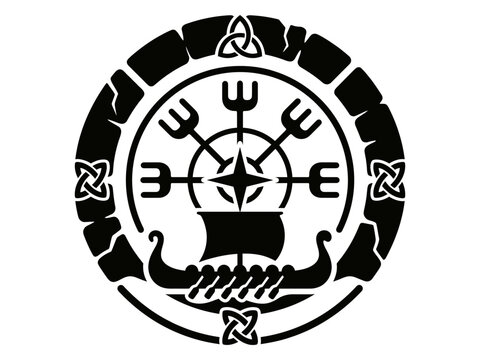 Nordic compass above Viking ship inside stone medallion