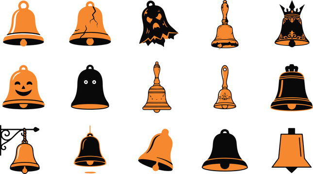 Collection of various vintage style metal bells isolated on a white background for design and decoration