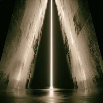 Minimalist architectural tunnel bathed in dramatic light beams creating an ethereal atmosphere