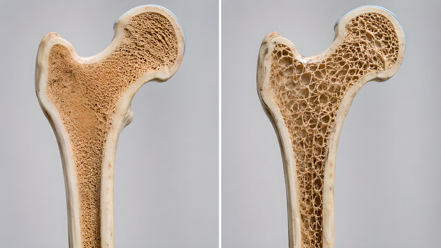 Osteoporosis bone comparison showing normal versus porous femur anatomy with thin cortical bone, photorealistic medical illustration for healthcare, medical education, and patient communication