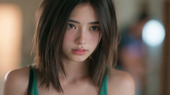 young japanese college student talking with boyfriend in hallway, shy japanese woman in green tanktop having candid conversation indoors, natural portrait of insecure japanese female student 