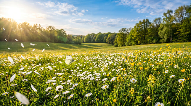 Scenic meadow wildflowers daisies yellow blossoms bright blue sky sunlight green trees countryside nature landscape peaceful summer bloom tranquility inspiration   generative ai