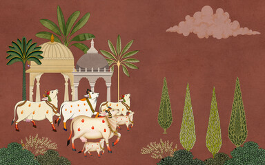 Traditional Indian Pichwai art mural illustration featuring sacred holy cows, Rajasthani temple pavilion, and stylized trees on terracotta background © kalakarilife