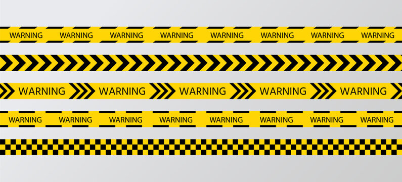 Set of warning bands for work places. Seamless striped boundary lines. Caution yellow black ribbons. Barrier tapes for danger zones. Danger tapes under hazard construction. Vector illustration