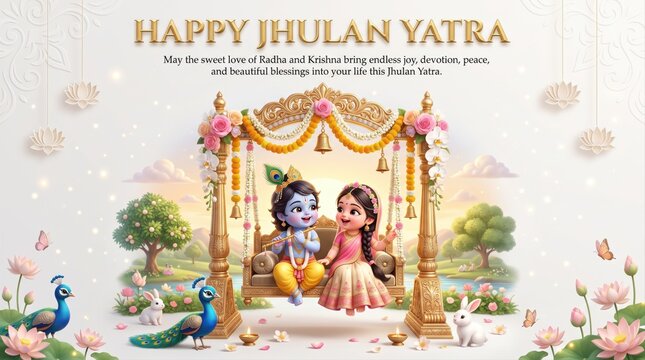 Adorable cartoon depiction of hindu deities radha and krishna sitting on a golden swing adorned with flowers, with peacocks and rabbits in a whimsical landscape