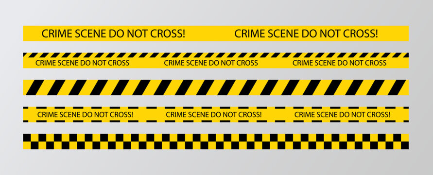 Crime scene do not cross yellow black tape. Stop police road sign. Seamless striped boundary lines. Warning barrier tapes for danger places. Set of caution crime scene bands. Vector illustration.