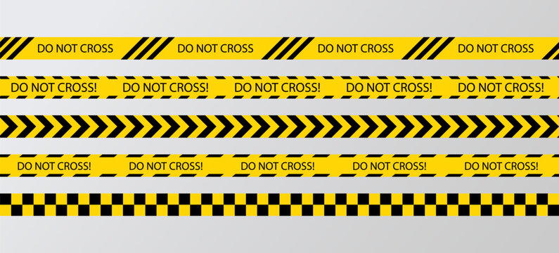 Police do not cross yellow tape. Do not enter seamless ribbons. Striped boundary lines on white background. Barrier tapes for crime scenes. Set of caution bands criminal accident place. Vector illustr