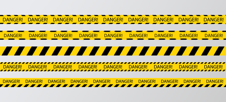 Yellow tape with danger text. Do not enter ribbons. Police warning barrier tapes for crime scenes. Set of caution bands criminal accident place. Seamless striped boundary lines. Vector illustration