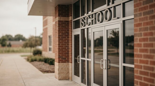 Modern red brick school building entrance with silver glass double doors and prominent sign under soft morning light