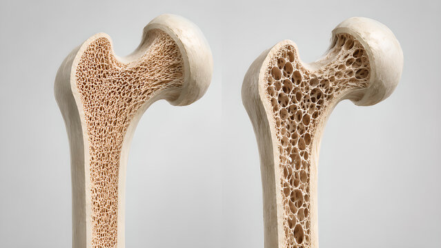 Osteoporosis bone comparison showing normal versus porous femur anatomy with thin cortical bone, photorealistic medical illustration for healthcare, medical education, and patient communication