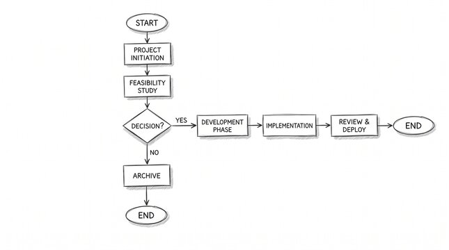 Project initiation feasibility study to implementation and review flowchart illustrating a decision path.