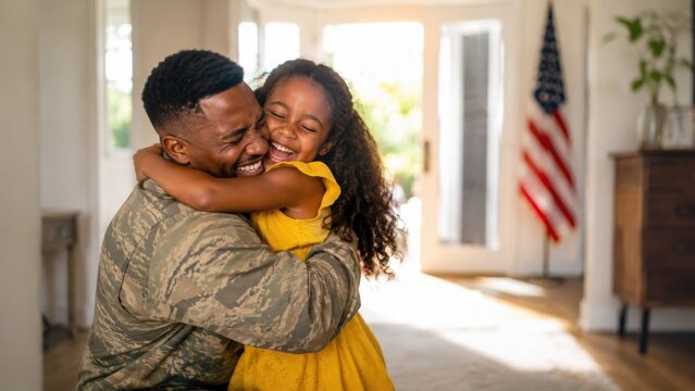 Black military father in camouflage uniform sharing a joyful hug with his daughter in a yellow dress at home