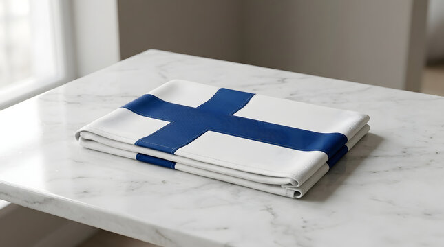 Finnish flag folded neatly on a marble table, representing Finnish culture and national pride