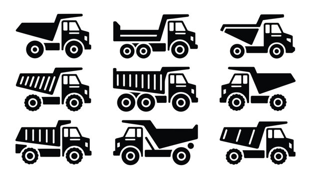 Industrial construction heavyduty dump truck icons set