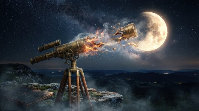 Vintage brass telescope emitting magical smoke and flames under moonlight