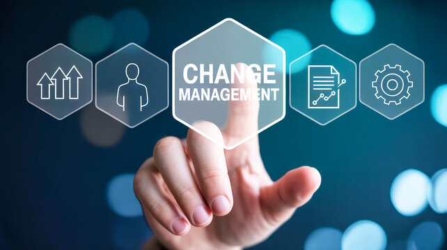 Business person touching a virtual screen with change management icons and strategic symbols for corporate growth