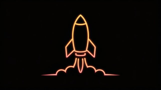 Neon rocket launch icon on black background, glowing orange spaceship outline, creative startup concept and business growth symbol