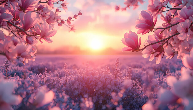 Beautiful spring sunrise over a vast field of blooming pink magnolia flowers creating a serene and colorful floral landscape