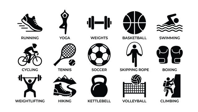 Black vector icons representing various physical sports activities with activities fitness exercises