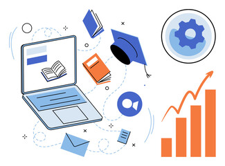 Fototapeta premium Laptop with books and graduation cap vector illustration. Digital learning, academic success, remote education, skill development, knowledge growth, online training. Computer with study materials