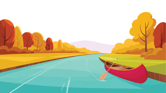 Red canoe resting along calm river bank surrounded by vibrant autumnal trees in season landscape