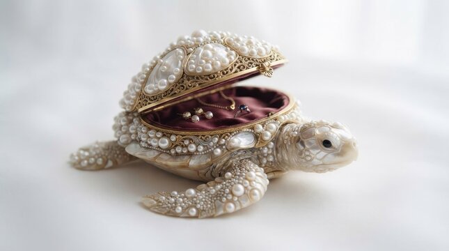 Decorative turtle shaped jewelry box with pearls