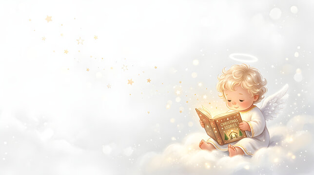 Cute fluffy angel reading a glowing Christmas storybook in the lower corner, soft stars floating nearby, elegant white background with generous copy space.