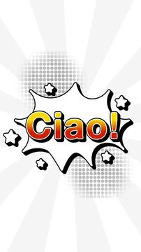Ciao text word lettering popup comic cartoon reveal with bomb and smoke explosion manga anime book page dots radial speed lines doodle white background seamless loop vertical animation retro