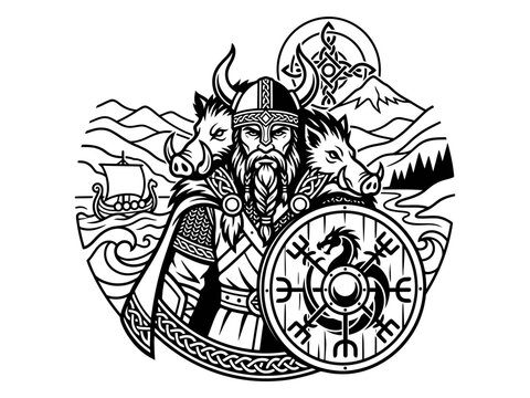 Detailed Viking warrior with wolf boar shield and longship