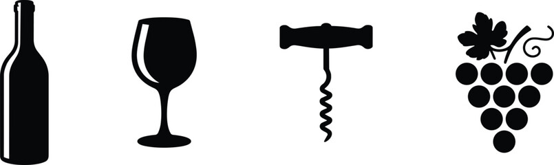 Obraz premium Wine silhouette icons with a classic wine bottle, an elegant wine glass, a corkscrew opener, and a bunch of grapes with a leaf for winery branding