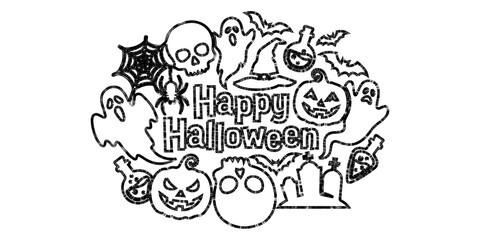 Fototapeta premium Happy Halloween Text Banner Line Illustration, Pumpkin Ghost Skull Bat Spider Web Black Outline Vector Design, Hand Drawn Doodle Collection for October Fall Holiday Greeting Card